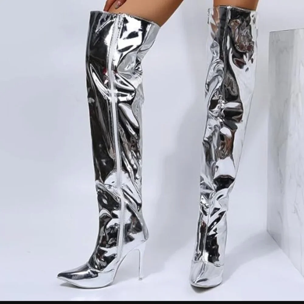 NIB (6.5) THIGH HIGH SLEEK & SILVER SEXY-ASS SUPERHERO STILETTOS